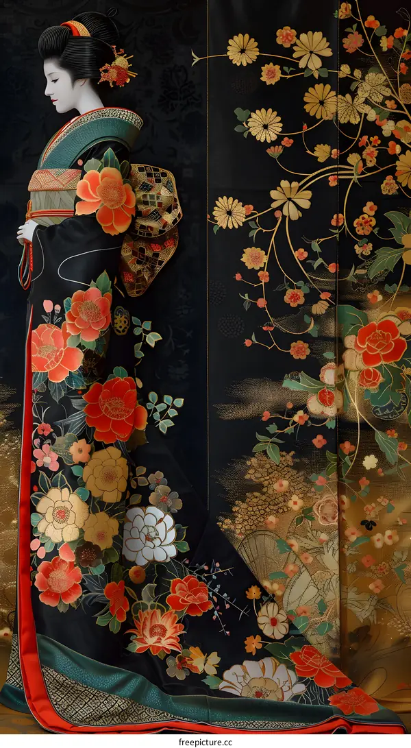 A woman wearing a kimono with a floral pattern