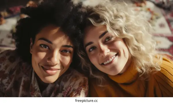 Two young multiethnic women smiling