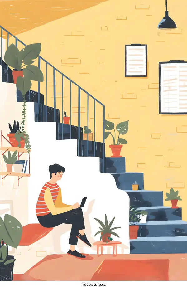 Man Sitting on Stairs in a Room with Plants
