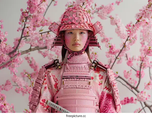 A woman wearing a pink samurai armor stands in a field of cherry blossoms.