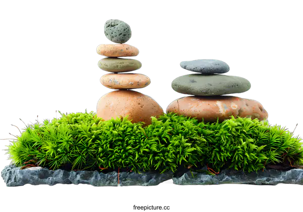 [Transparent Background PNG]Stacked Stones on a Bed of Moss
