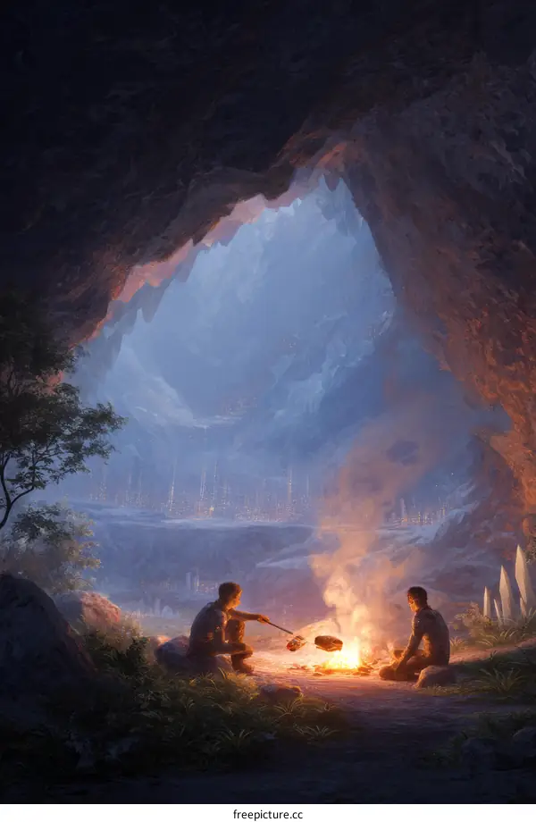 Two figures by a campfire in a cave entrance