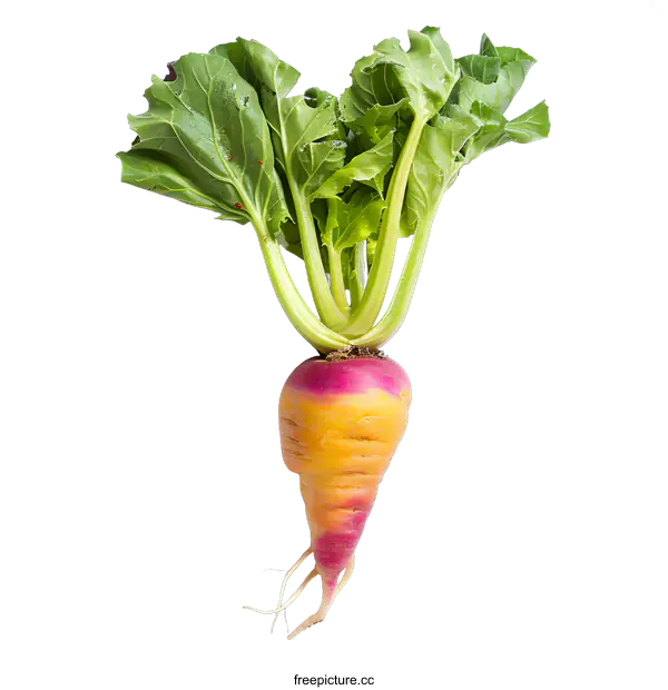 [Transparent Background PNG]Fresh Yellow Turnip Root Vegetable with Green Leaves Isolated on White Background
