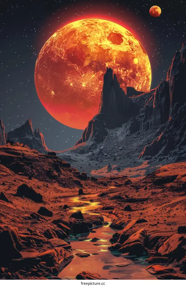 A large red moon rises over a rocky canyon