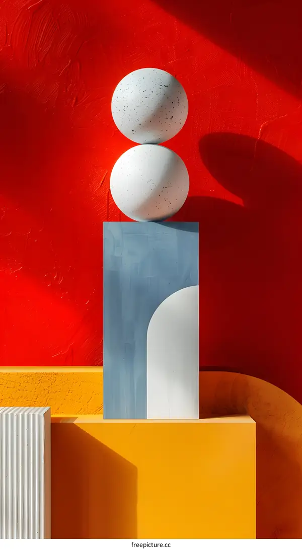 Abstract composition with geometric shapes on a red background