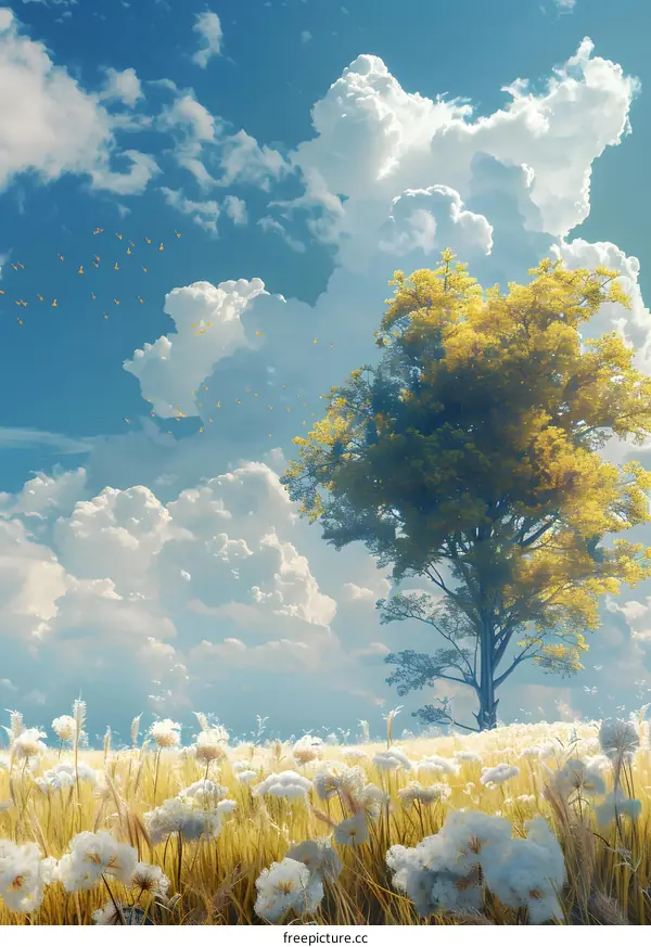 A lonely tree in a golden prairie