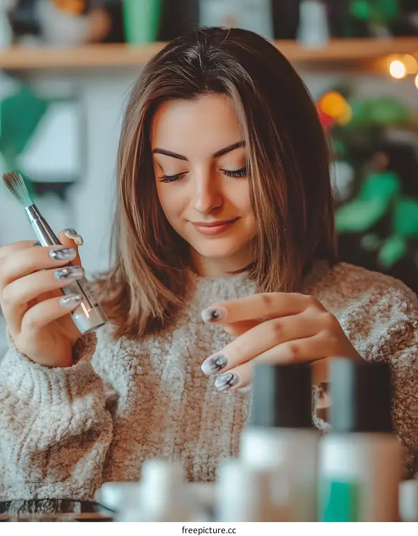 Woman with Long Hair Doing Nails Art