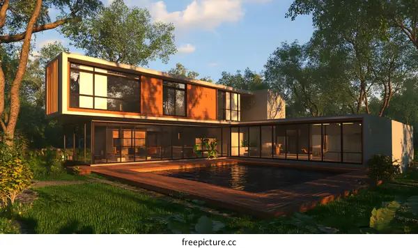 Modern Minimalist House with Pool and Lush Green Landscape