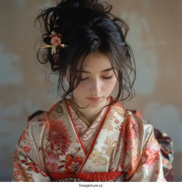 Portrait of a young woman in a kimono