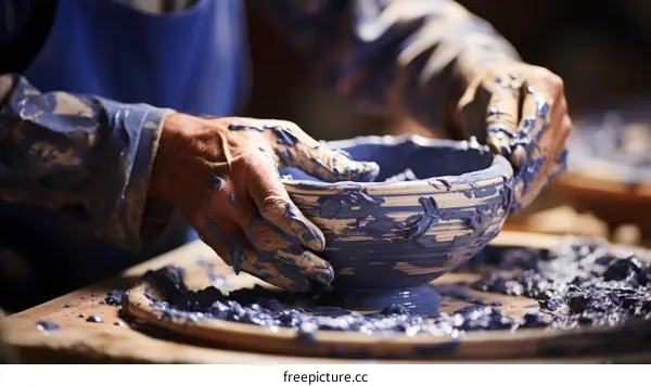 The potter's hands shape the clay into a bowl