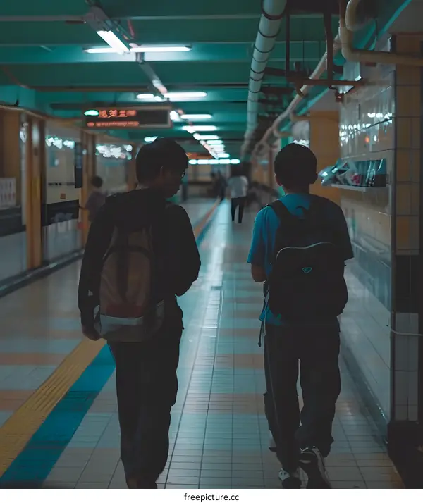 Two Asian Men Walking Away From Each Other In An Underground Train Station