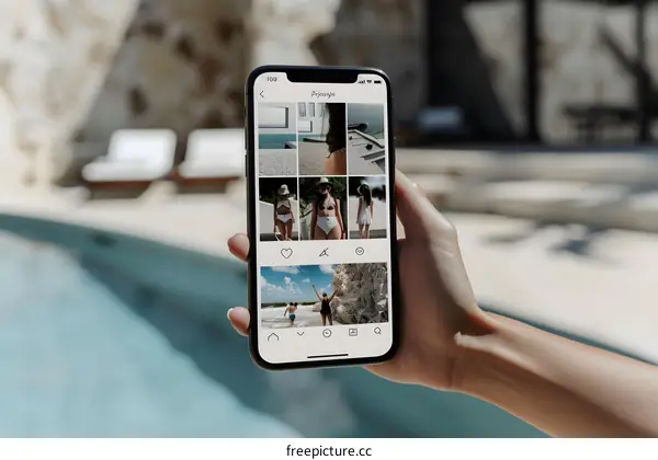 Hand Holding Phone Showing Vacation Photos