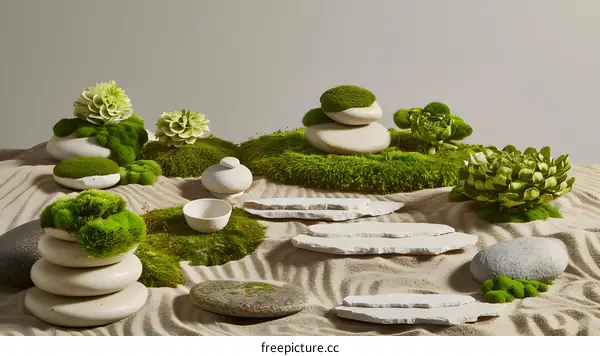 Zen Garden with Green Moss, Stones, and Succulents