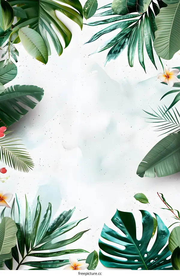 Tropical Leaves and Flowers on White Background