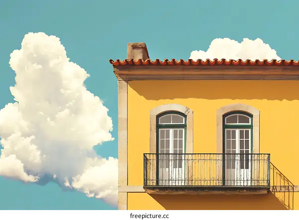 Yellow Building with Balcony and Cloud in Blue Sky