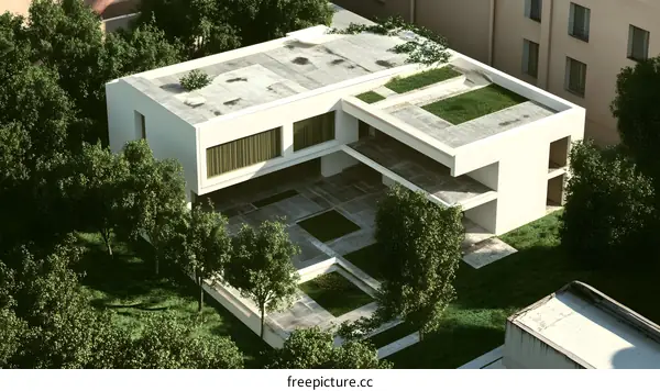 Modern Minimalist House with Green Roof and Courtyard