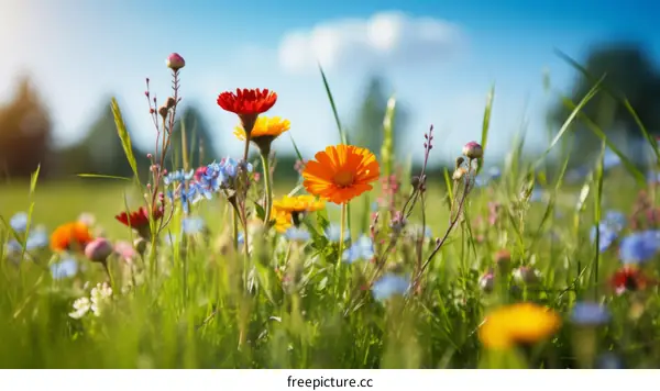 Colorful Wildflowers in a Meadow under a Blue Sky