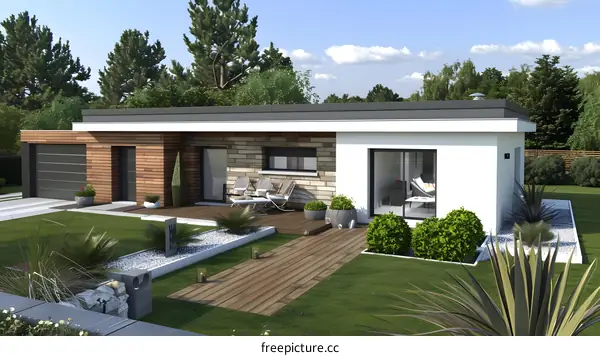 Modern Single Story Home with Wooden Accents and Landscaping