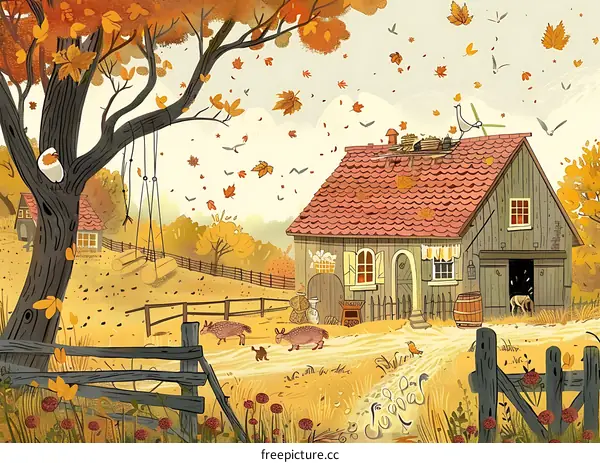Autumn Landscape Illustration with Country House and Falling Leaves
