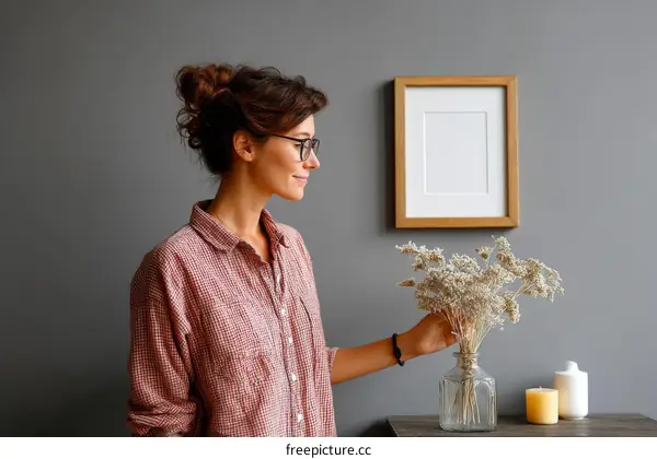 Woman in a Cozy Room with a Picture Frame and Dried Flowers