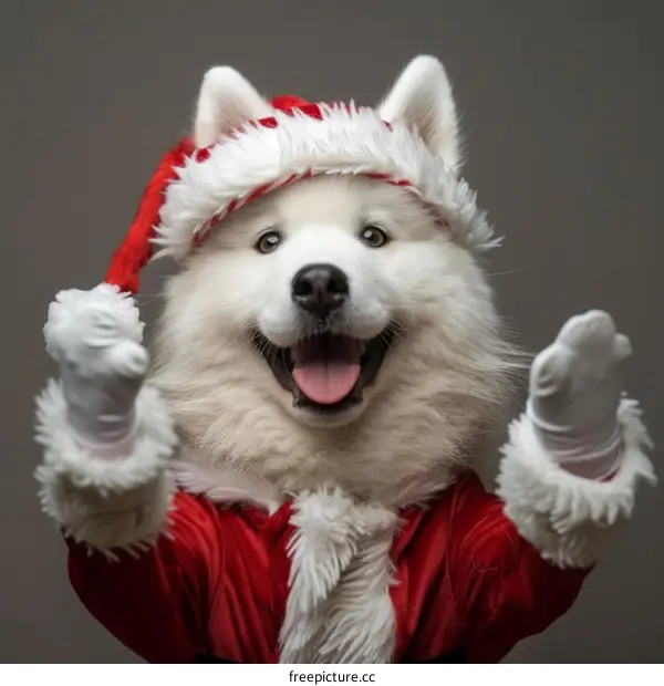 Samoyed dog wearing a Santa hat and suit with open arms