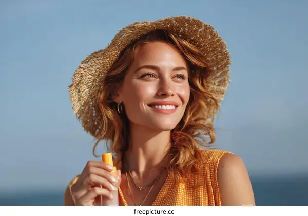Beautiful Woman Applying Sunscreen by the Ocean
