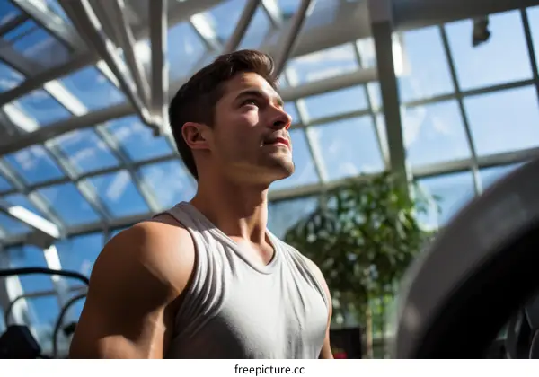 muscular man in a gray tank top looking up