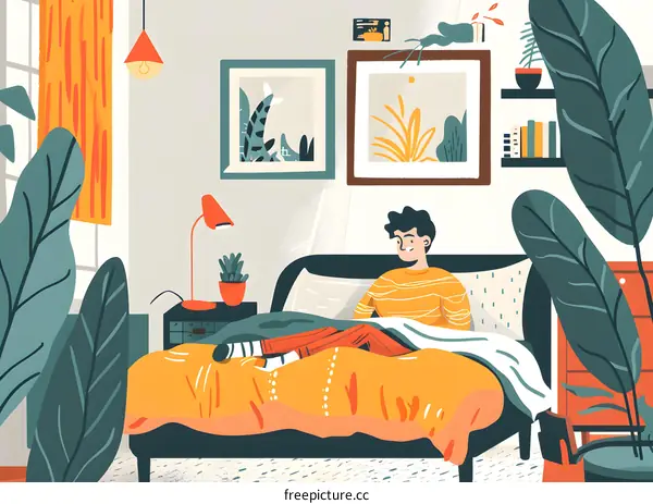 Man Relaxing in Bed with Plants and Pictures