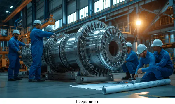 Team of engineers working on a large industrial machine