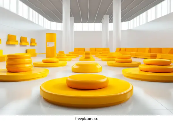 Futuristic yellow airport terminal interior with empty seats