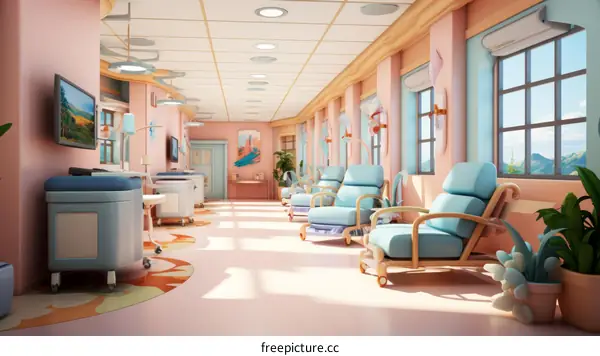 A colorful hospital room with a mountain view