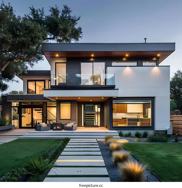 Modern Home With Stone Pathway and Green Lawn