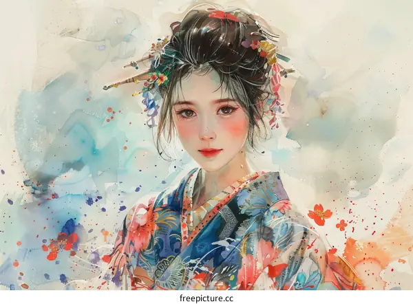 An illustration of a beautiful Japanese woman in a kimono with flowers in her hair
