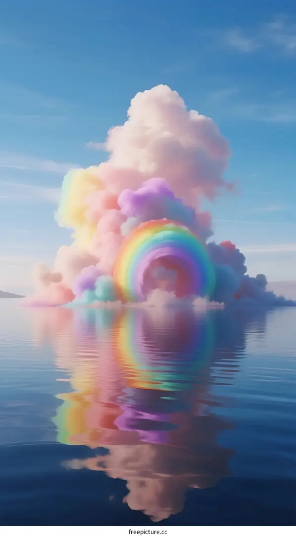 A Vibrant Rainbow Cloud Floating Over Calm Blue Water Surface