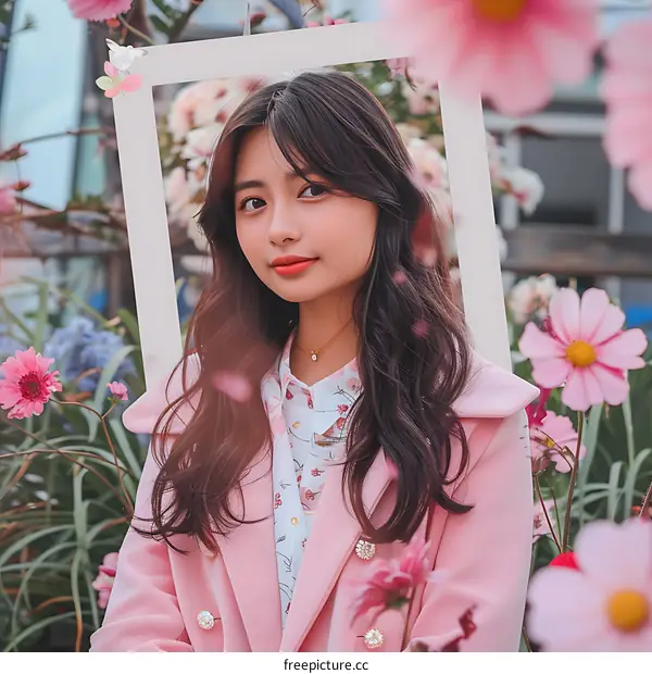 Portrait of a Young Woman in Pink with Flowers