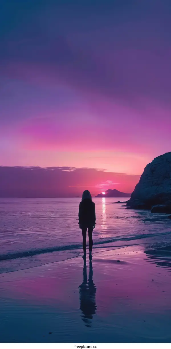 girl standing alone on beach at sunset