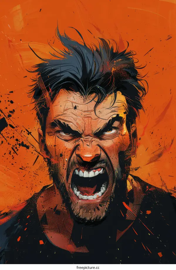 Portrait of a man with a beard and long hair, with an angry expression on his face, with a bright orange background.