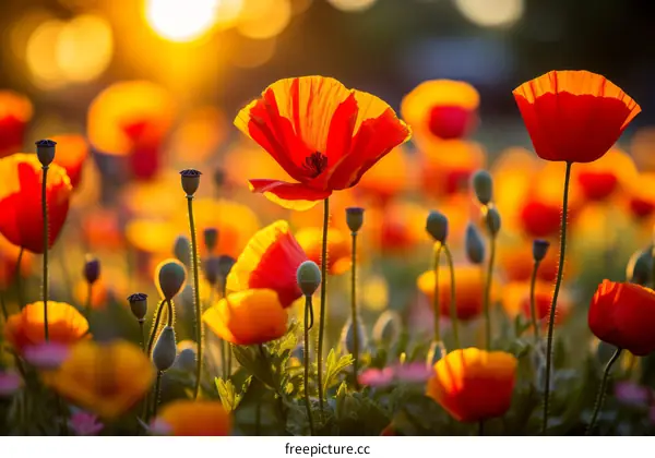 Field of Red and Orange Poppies at Sunset
