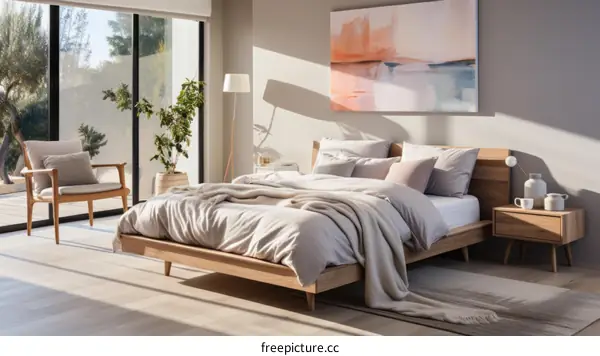 Modern and minimalist bedroom with large windows and a comfortable bed