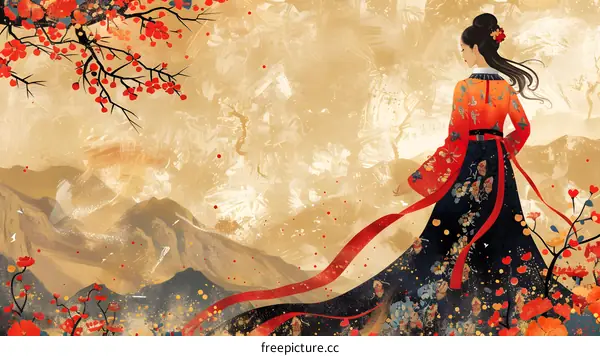 A woman wearing a traditional Chinese dress is standing in a field of flowers with mountains in the background.