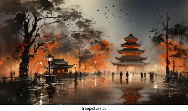 Illustration of a Chinese Courtyard with a Pagoda in the Rain with Red Leaves