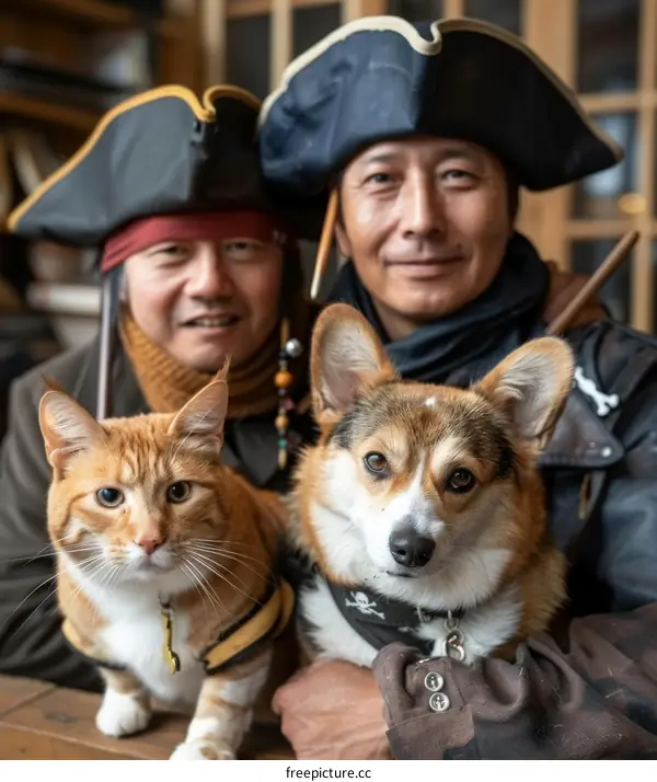 Two Asian men dressed as pirates with a cat and a dog