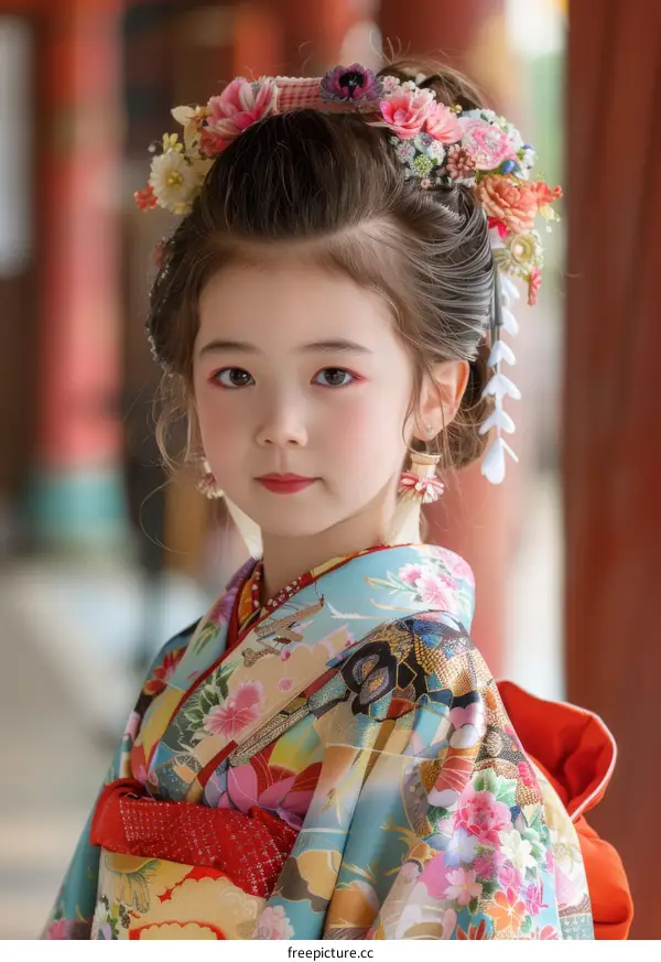 Elegant Japanese Girl in Traditional Kimono