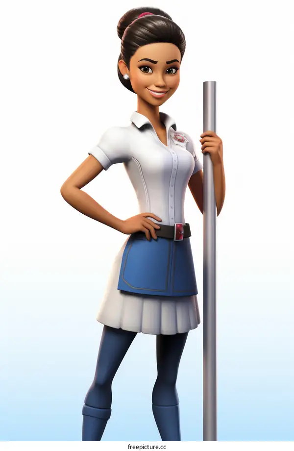 Cheerful Cartoon Woman Holding Mop in Uniform
