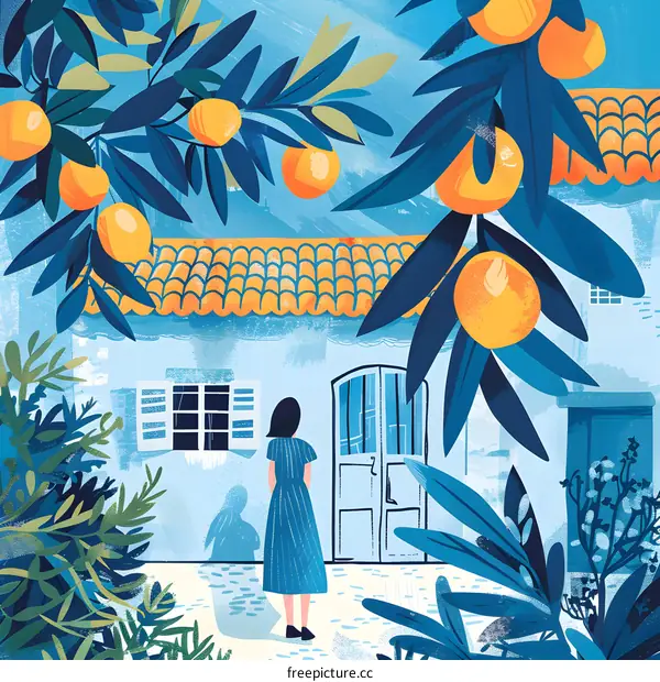 Woman in Blue Dress Standing in Front of a Blue House with Orange Trees