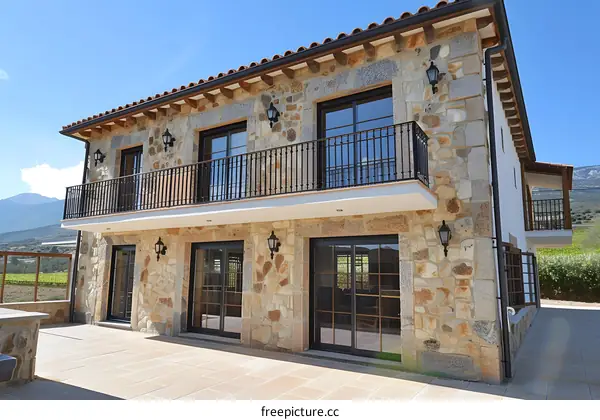 Stone House with Balcony and Patio in Rural Setting