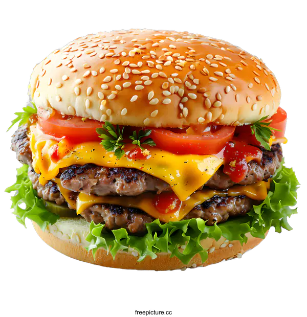 [Transparent Background PNG]yummy juicy double cheeseburger with tomato and lettuce