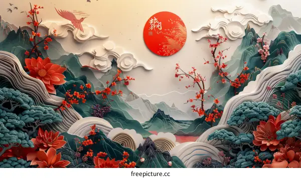 Chinese landscape painting of mountains, trees, and flowers