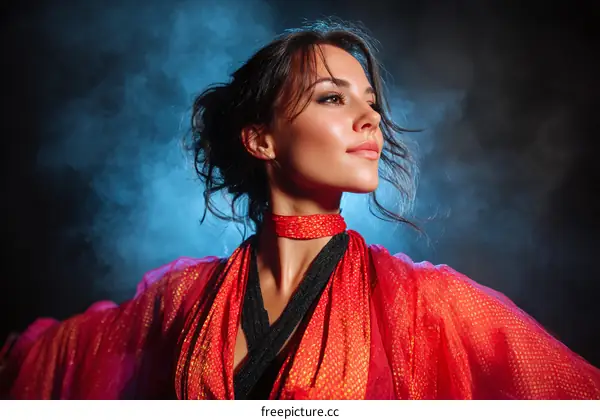 A Young Woman in Red Dress with Windblown Hair