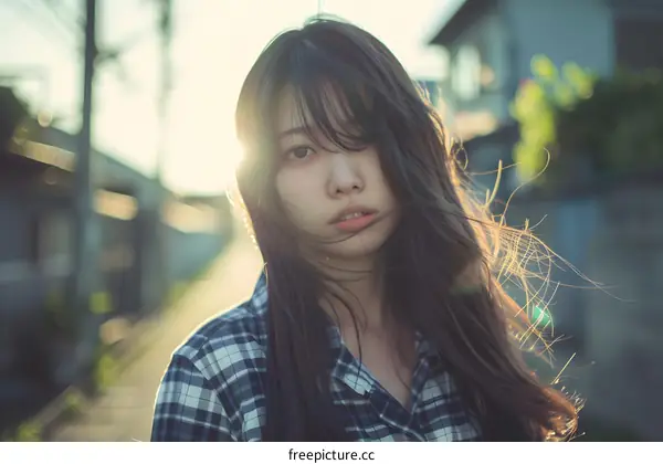 Young Asian Woman with Long Hair Looking at Camera